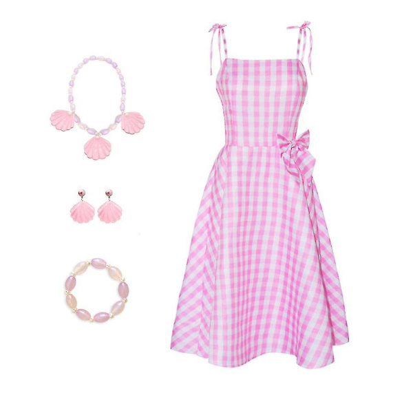 Film Barbie Cosplay Kostym Rosa Rutig Klänning Halloween Fancy Dress Karnevalsfest Kostymer För Vuxna Barn With accessories 110