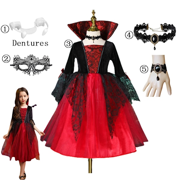 Flickfladdermus Halloween-klänning för barn, spökbrud, gotisk cosplay, vampyrkostym, greve Vampiran, karnevaloutfit, svart röd klädsel Dress Set 12 M (4-5Y)