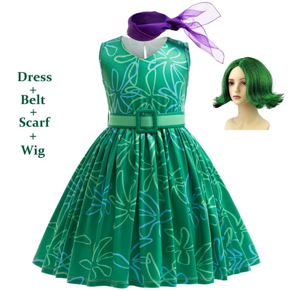 Disney Inside Out Disgust Cosplay Kostym Barn Cartoon Prinsessa Klänning+Bälte+Sjal +Peruk Flickor Halloween Karneval Fest Klä Ut Joy Style A 120 (4-5T)