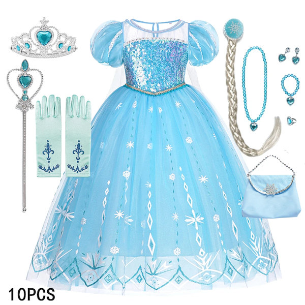 Disney Frozen Elsa Klänning för Flickor Snödrottning Anna Klänning Lyxklänningar Karneval Halloween Flickor Cosplay Kostym Frozen Kostym D Elsa Dress 5-6Y (130)