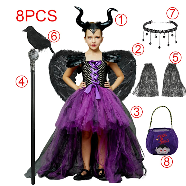 Disney Maleficent Kostym Deluxe Flickor Halloween Karneval Fest Lila Släpande Nätklänning Barn Cosplay Demon Drottning Häxa Kläder Dress Set 02 S(2-3T)