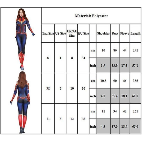 Captain Marvel Cosplay Kostym Hero Kostym Captain Marvel Jumpsuit Halloween Party Kvinnor Fancy Dress Up Bodysuit S