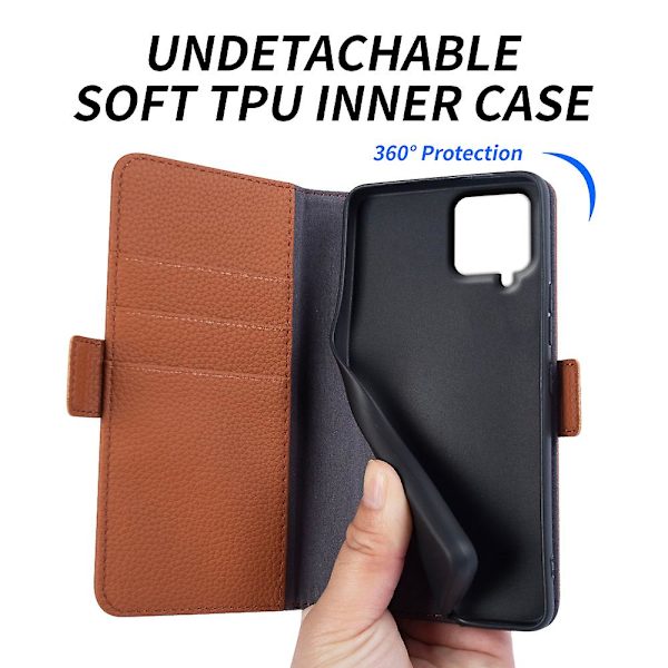 För Samsung Galaxy F22 Fallsäker äkta kohud läder cover Litchi Texture Plånbok Phone case Light Brown