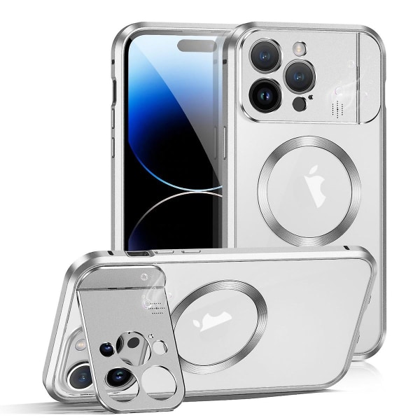 Metall Magsafe case kompatibelt med Iphone 15 Pro Max, linsskydd i legering Case med osynligt Kindstand Silver For iPhone 15 Pro Max