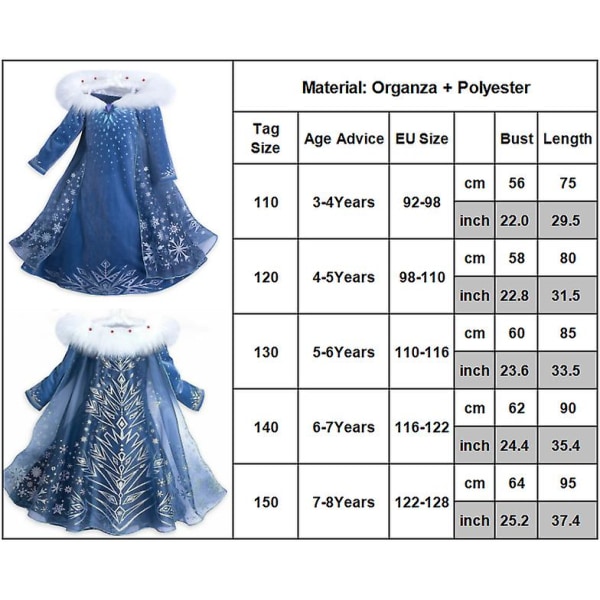 Frozen 2 Queen Elsa Princess Costume Girls Snowflake Cosplay Party Fancy Dress Up 7-8 Years