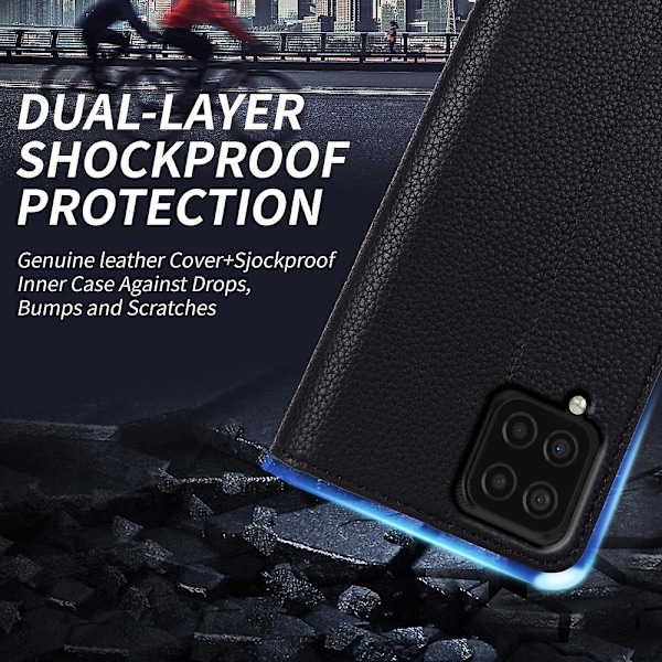 För Samsung Galaxy F22 Fallsäker äkta kohud läder cover Litchi Texture Plånbok Phone case Black