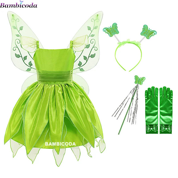 Flickornas Tinker Bell-dräkt Halloween-dräkt för barn Grön Maskeraddräkt Fe Prinsessa Cosplay-klänningar Pixie Fairy-klänning med vinge 4T(110) 13