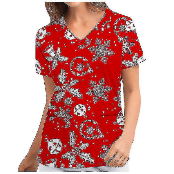 Jul Kvinnor Amningsuniform Scrub Kortärmad T-shirt Xmas Blus Tee Tops V-ringad Dark Red L