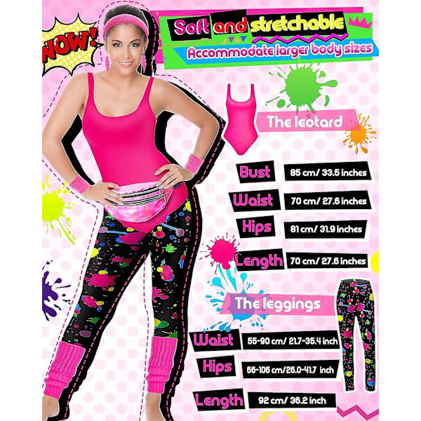 7 st 80-tals träningskostym 80- set 80-tals 90-tals Leotard Legging Pannband Armband Benvärmare Örhängen Fanny Pack Splash Print X-Large