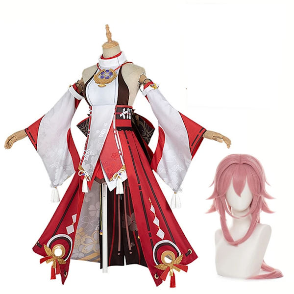 Yae Miko Cosplay Anime Genshin Impact Yae Miko Guuji Yae Cosplay Kostym Peruk Klänning Festkläder Halloween Kostymer För Kvinnor XXXL Costume and Wig