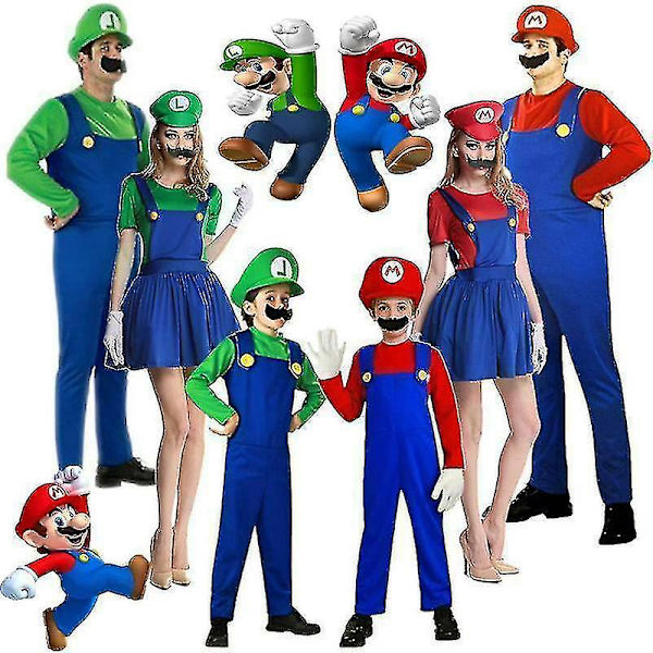 Super Mario Luigi Kostym Vuxen Barn Fancy Dress Outfit Kläder L Mario Red Men