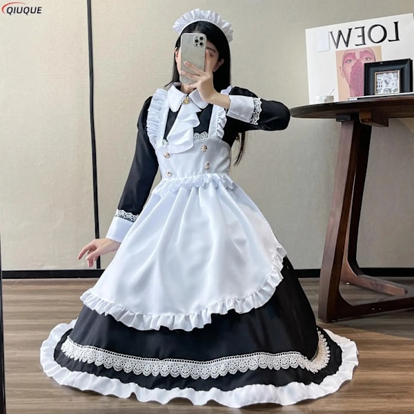 Kvinnlig piga outfit Lolita klänning söt Kawaii café kostym svart vit herr uniform lång förkläde klänning Mucama Cosplay kostym XXXL Full Set