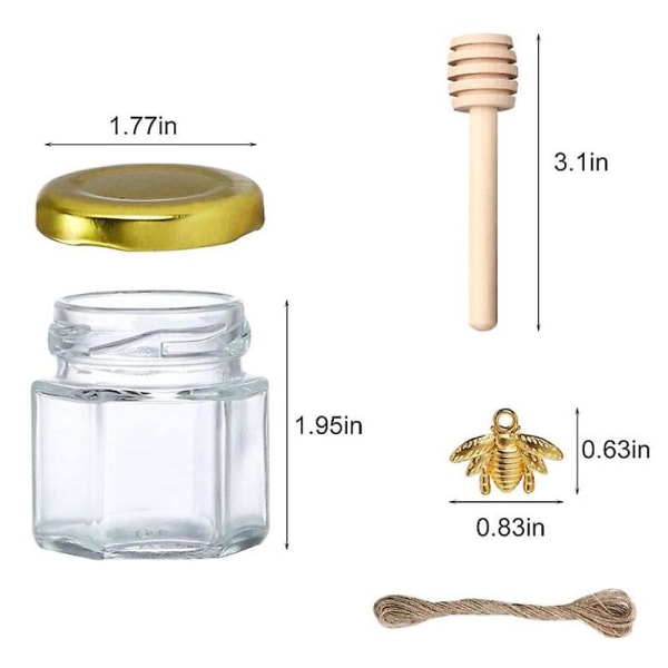 1,5 oz hexagon mini glas honung burkar med trä dipper guld lock Bee hängen jute för baby shower Bröllop gynnar Party favors 45ml 20 Pcs