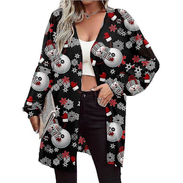 Damjacka med långärmad jultryckt mode cardigan Black Snowman XXXL