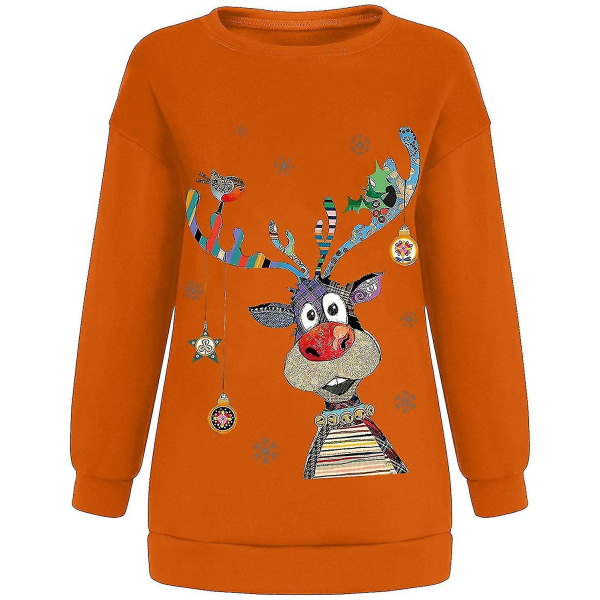 Christmas Sweatshirt Crewneck Pullover Långärmad Lösa Toppar Älg Print Skjorta Orange S