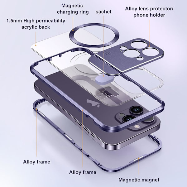 Metall Magsafe case kompatibelt med Iphone 15 Pro Max, linsskydd i legering Case med osynligt Kindstand Purple For iPhone 15 Pro Max