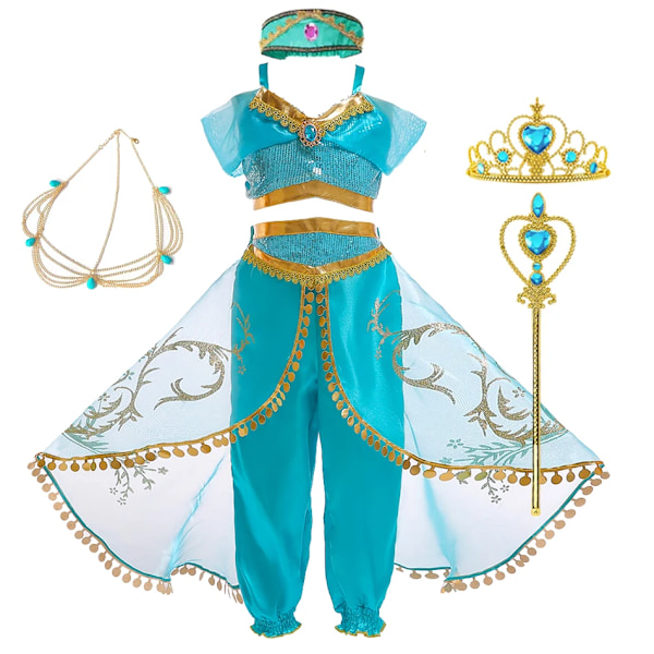 Flickor Jasmine Klänning Aladdin Prinsessa Magisk Lampa Karneval Festkläder Vestidos Halloween Fest Cosplay Klänning Set H 9-10T (Size 150)