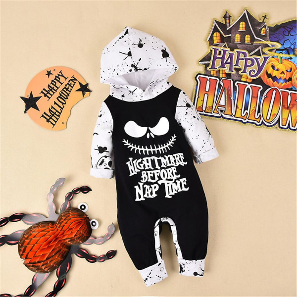 3-24 månader Toddler Baby One-piece Nightmare Before Christmas Jumpsuit Halloween Skull Prints Huv Romper Cosplay Kostym Presenter 12-18 Months