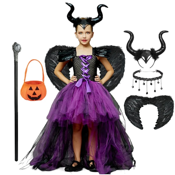 Maleficent Halloween Barnkostym Tulleklänning Flickor Cosplay Vestidos Festlig Ond Drottning Mesh Prinsessklänning Barn Kråka Trollstav 6 pcs Set F S(2-3T)