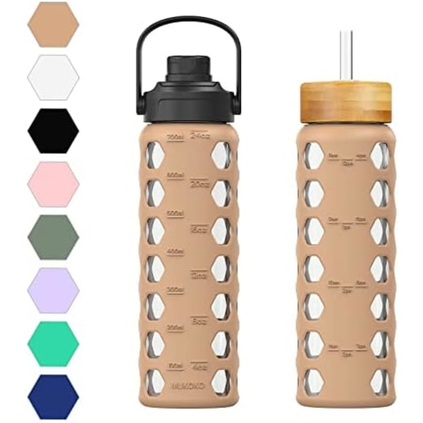 MUKOKO 32 oz glasvattenflaskor med 2 lock-handtagspiplock & bambuhalmlock, motiverande vattentumlare med tidsmarkörpåminnelse och Amber
