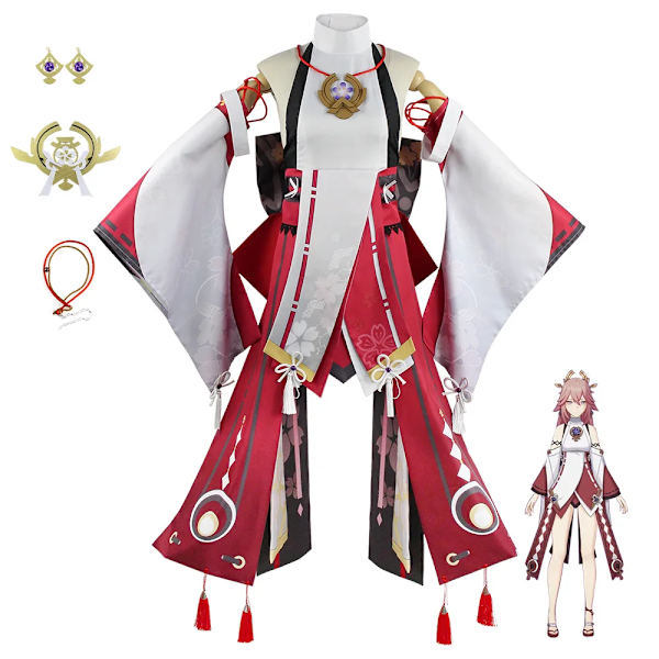 Yae Miko Cosplay Anime Genshin Impact Yae Miko Guuji Yae Cosplay Kostym Peruk Klänning Festkläder Halloween Kostymer För Kvinnor XL Costume and Wig