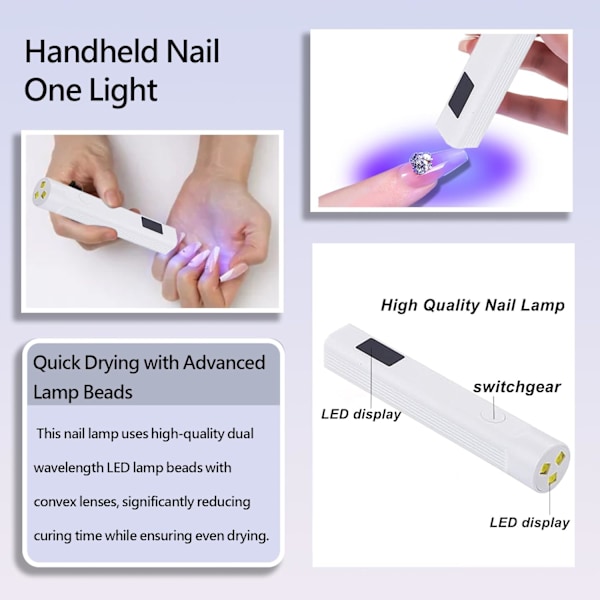Mini UV Nagellampa med 3 Tidsinställningar, Uppladdningsbar med USB-port, med LED-display, Portabel, för Snabb Torkning och Hemmamanikyr (Vit) White