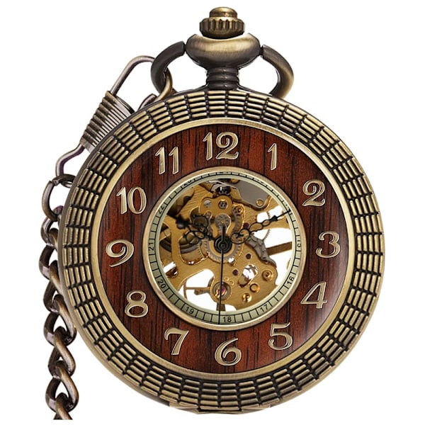 Herr Handuppdrag Mekanisk Fickur Vintage Steampunk Trämönster Ihålig Design med Kedja och Box-Brons Arabisk