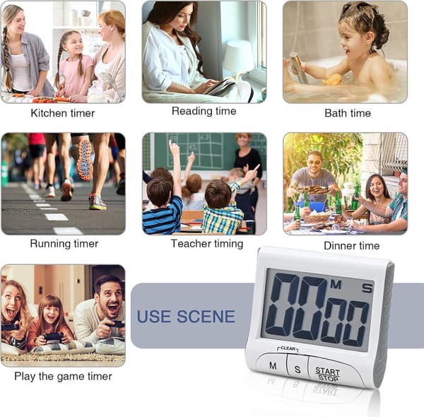 Kökstimer, Digital Visuell Timer, Magnetisk Nedräkningstimer med Stor LCD-Display, för Matlagning, Badrum, Barn, - Vit white