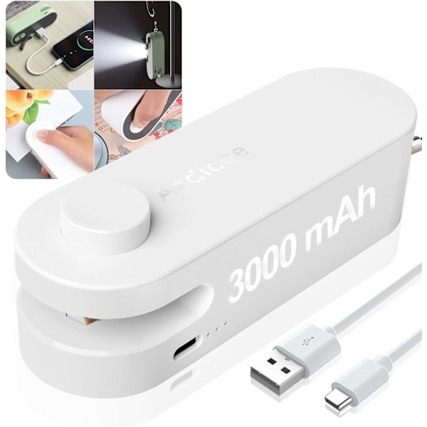 4 i 1 Mini Påsförslutare, Påsförslutare Värmeförsegling med Skärare, USB Uppladdningsbar Chipspåseförslutare Värmeförsegling, Vit White