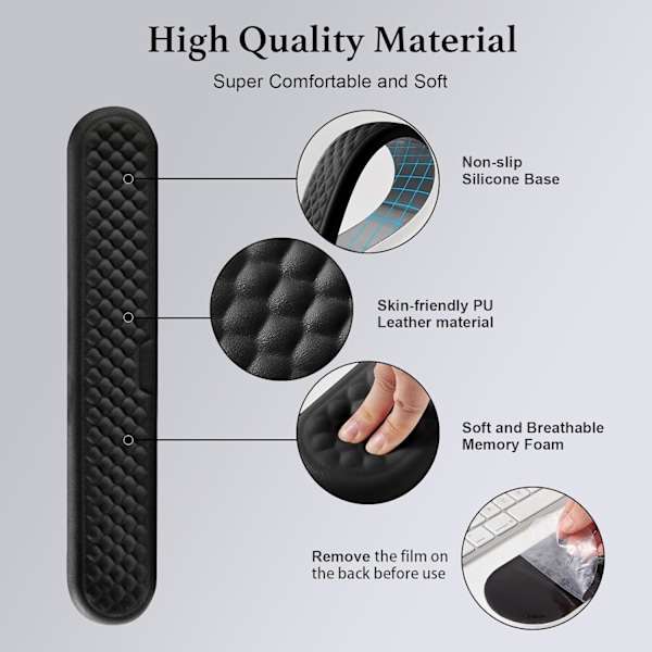 Ergonomiskt handledsstöd för tangentbord med PU-läder och memory foam, bekvämt handledsstöd för laptop, tangentbordsplatta för att lindra smärta vid skrivande (Svart) Black
