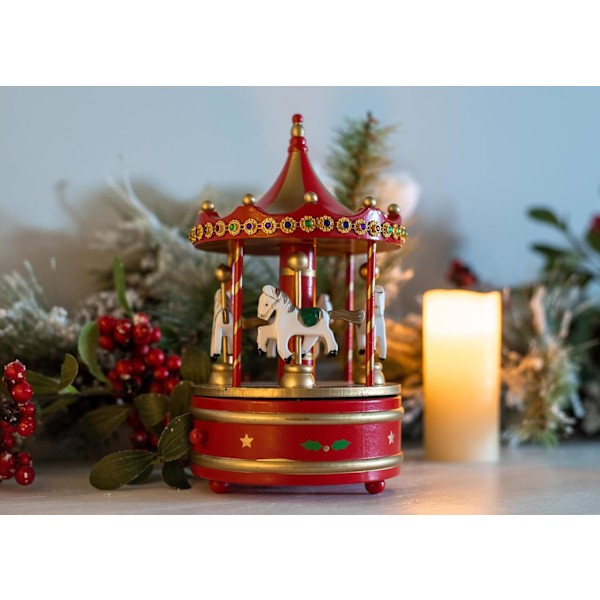 9 tums Karusell i trä, Stuga Trädgård, Karusell, Musikalisk Julfigur. red