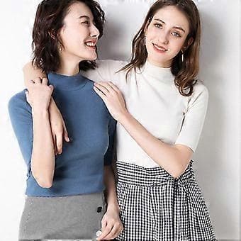 Kasjmir turtleneck kortermet strikket genser for kvinner, basic T-ull kasjmirgenser (M beige)