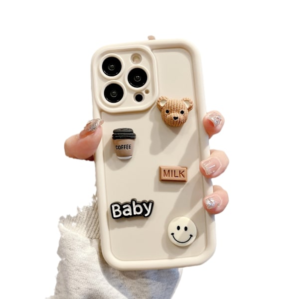 iPhone Skal, 3D Söt Kaffe Björn Kameralinsskydd Stöttåligt Skyddsskal (iPhone 15 Pro Max, Vit) White