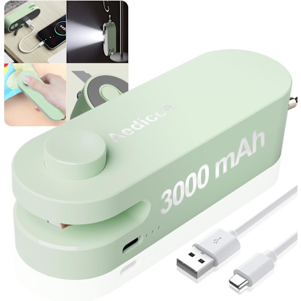4-i-1 Mini Påsförslutare, Påsförslutare Värmeförsegling med Skärare, USB Uppladdningsbar Chipspåseförslutare Värmeförsegling, Grön Green