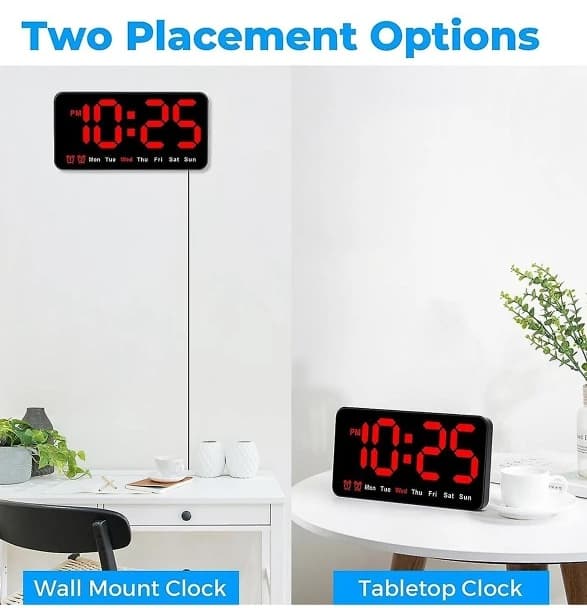 Digital väggklocka, LED digital klocka, 12/24 timmar, stora siffror, liten tyst, vit white