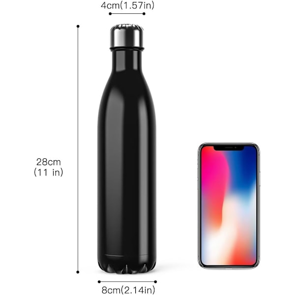 500ml Isolerad Vattenflaska, Dubbelväggig Vakuumflaska i Rostfritt Stål, Håller Kyla i 24 Timmar, Värme i 18 Timmar - BPA-fri (Svart) Black