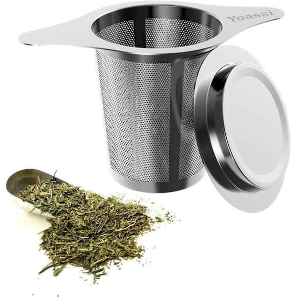 Te-sil, 304 rostfritt stål tefilter med lock och dubbla handtag, perfekt för att hänga på tekannor.