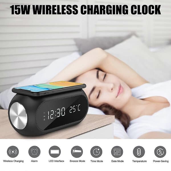 Digital Väckarklocka LED 15W Trådlös Laddningsdocka Termometer Kalender