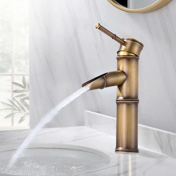 Vattenfall Blandare, Mässing Vattenfall Badrumsblandare, Retro Bambu Badrumskran, 2 Brytmunstycken