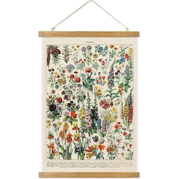 Vintage Vildblommor Hängande Poster, Retrostil av Botaniska Väggkonsttryck, Tryckt på Linne med Träramar - BLOMMA A FLOWER A