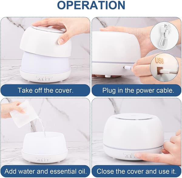 300ML Eterisk Olje Diffuser, Aroma Diffuser Luftfukter, Elektrisk Duftforstøver med Fargelys og USB C Kabel for hjem, soverom White