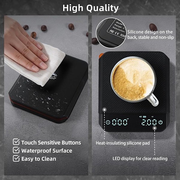 Mini Kaffevåg, med Automatisk Timer, Uppladdningsbar Espressovåg med Timer, 2kg/0.1g Högprecisionsvåg för Kaffebönor, Svart