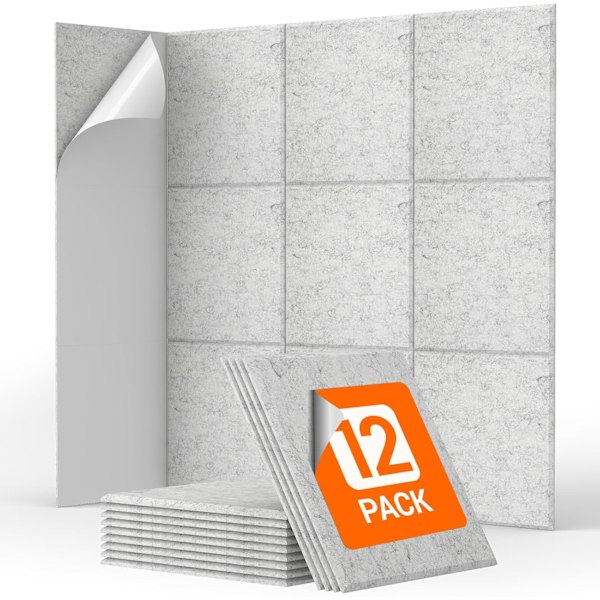 12-pack Självhäftande Akustikpaneler, 30x30x0,9cm Fyrkantiga, Högdensitets Termisk Isolering Akustikpaneler för Studio, Spelrum, Kontor, Grå