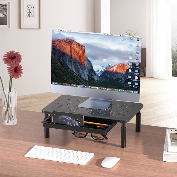 Skärmstativ med låda, höjdjusterbar PC-skärmhöjare för skrivbord med meshplattform för laptop, dator