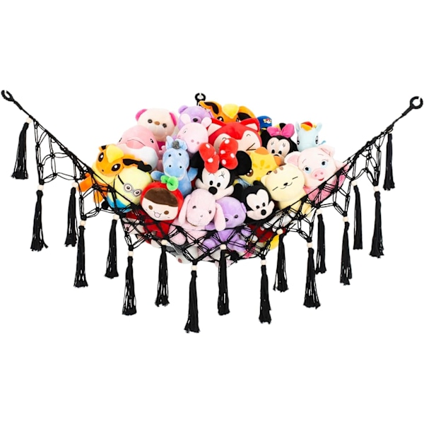 Stor Nät Hängmatta för Gosedjur med Tofs-Hörn, Hängande Nät för Gosedjurshållare, Boho Macrame Leksaksdisplay, -Svart Ny Black New