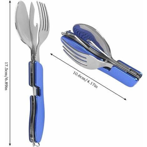 Campingbestik i rustfrit stål 3 i 1 foldbart bestik bærbart foldbart bestik til rejser 10,6 cm blå