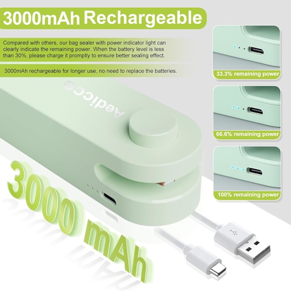 4-i-1 Mini Påsförslutare, Påsförslutare Värmeförsegling med Skärare, USB Uppladdningsbar Chipspåseförslutare Värmeförsegling, Grön Green