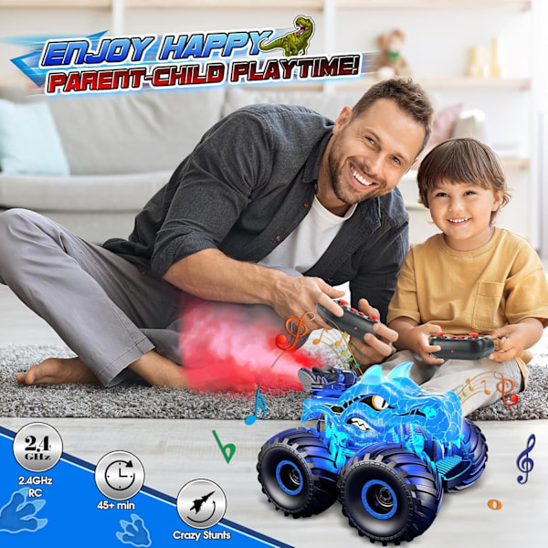 Dinosaurie Fjärrkontrollbilar för Barn, Leksaker för Barn Ålder 3 4 5 6 7 8 År Gammal Pojke Monstertruck 3-9 Pojkar Födelsedagspresenter Utomhusbil, Blå