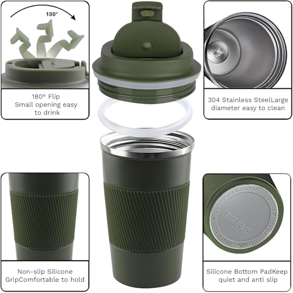 Isolerad Resemugg för Kaffe Spill- och Läcksäker Bärbar Rostfritt Stål för Camping (Grön, 414 ml) Green