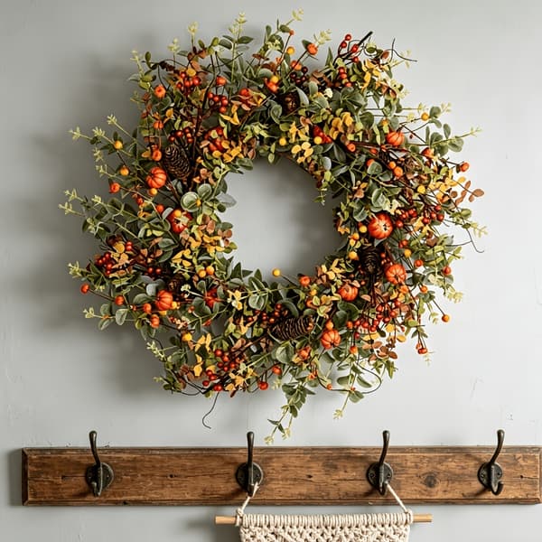 Kunstig efterårskrans, minigræskar, bær, eukalyptus og efterårsblomster, dekoration til hoveddør indendørs og udendørs